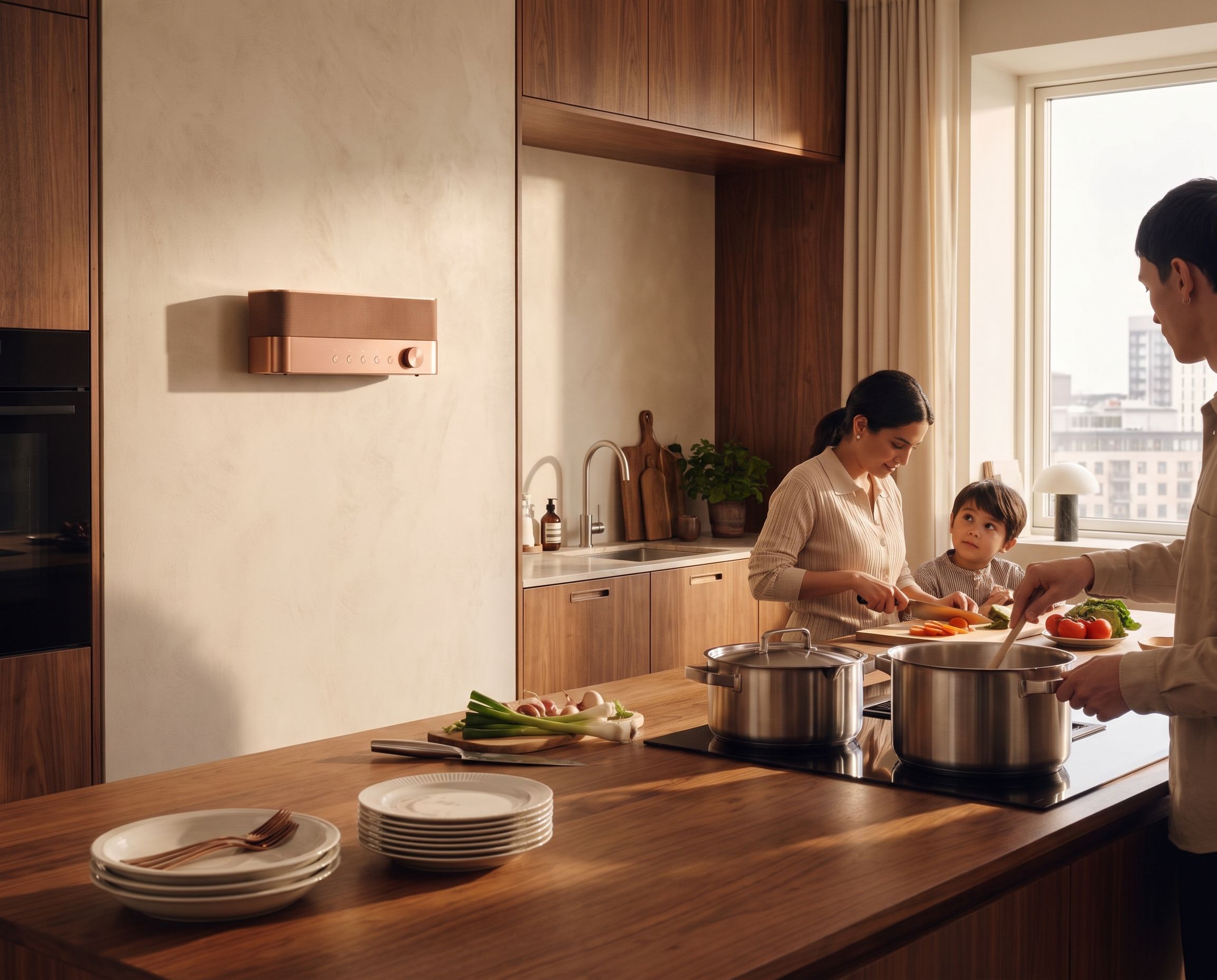 The Radio in a kitchen, a hand reaching toward one of its buttons