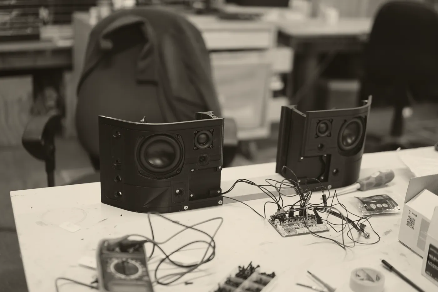 Speaker drivers and electronics wired for testing