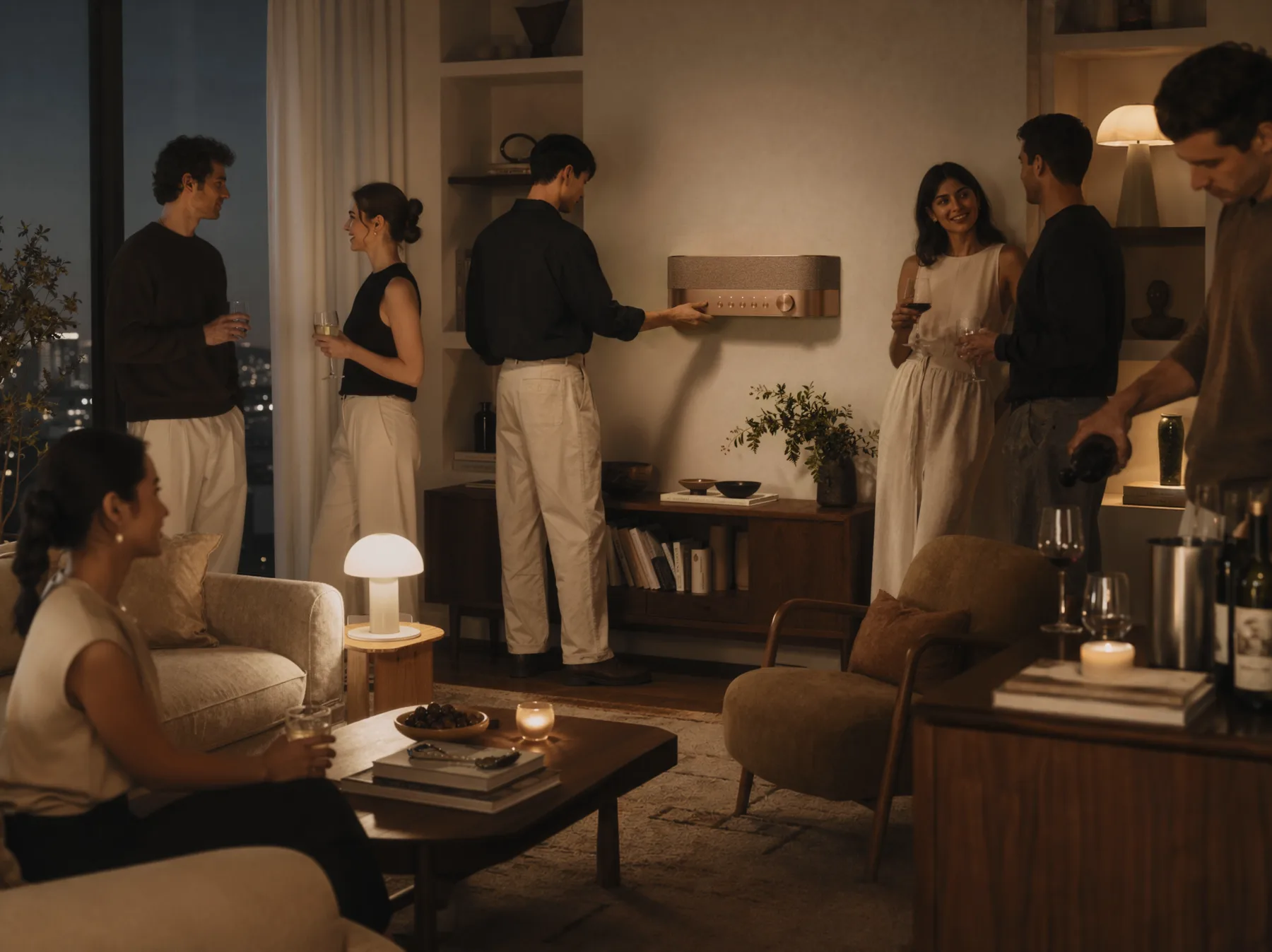 Friends in a city apartment, one adjusting The Radio* on the wall